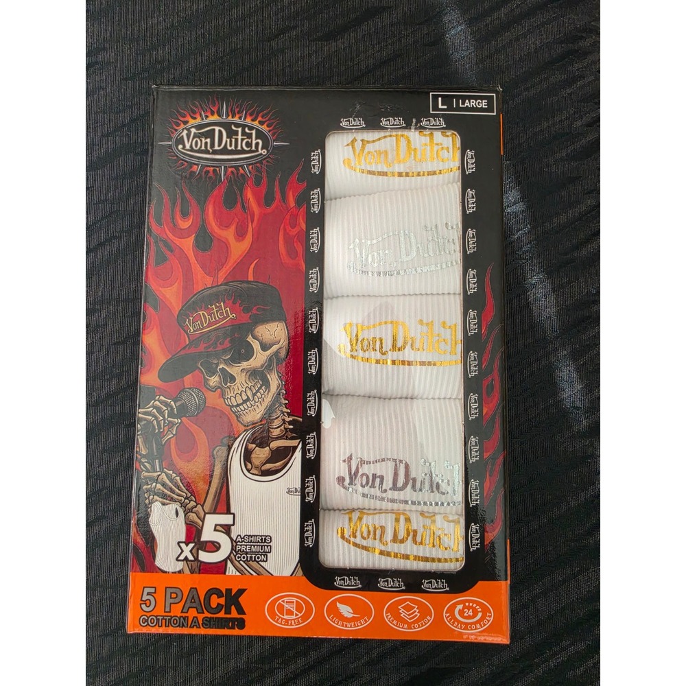 New Von Dutch Mens 5 Pack Premium Cotton A-Shirts White Ribbed Tank Tops Large